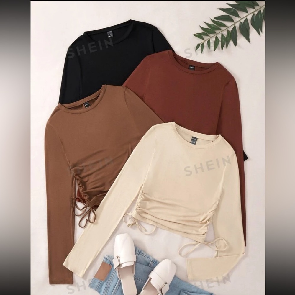 4 pcs Solid Drawstring Side Tee